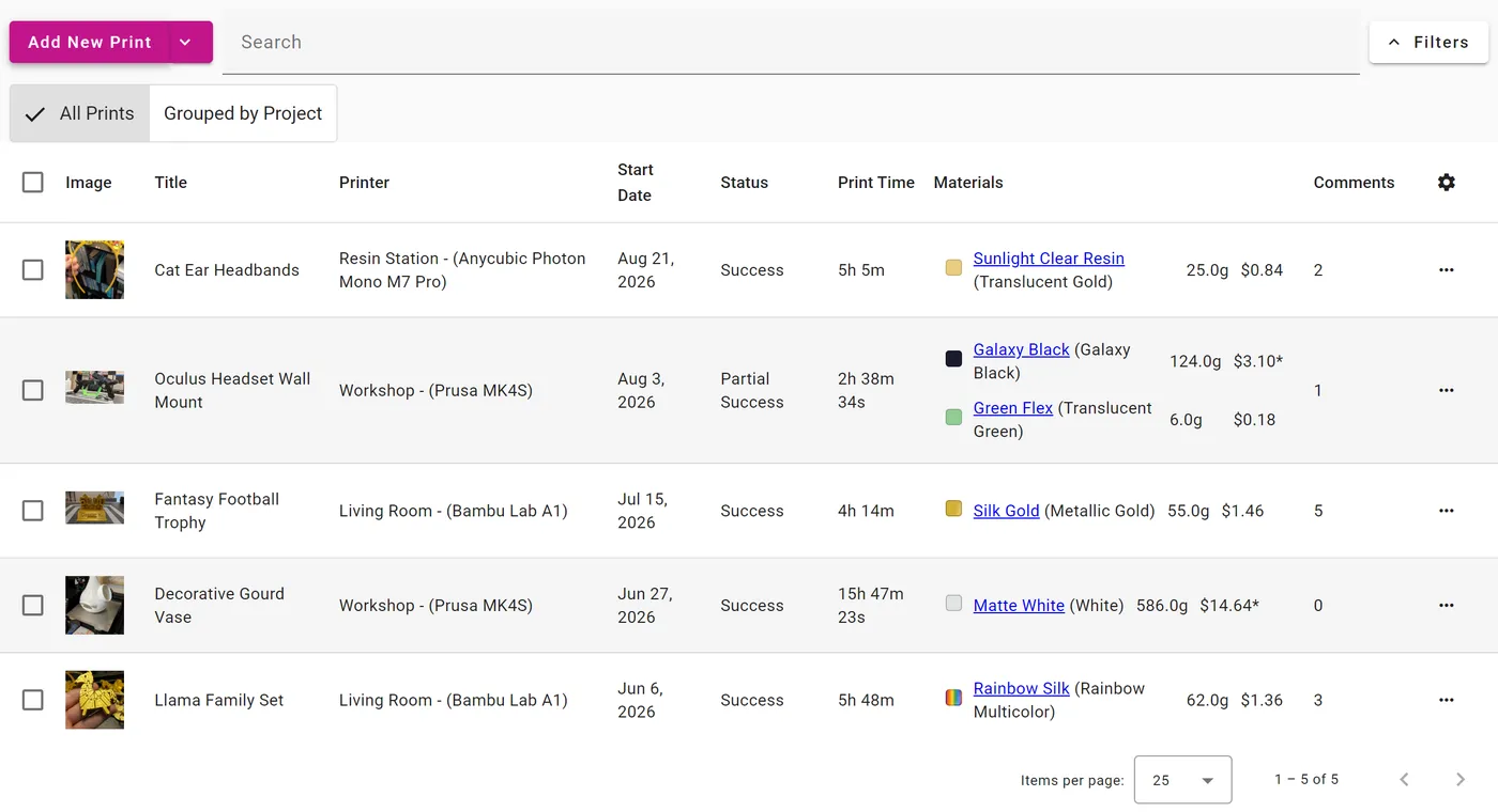 The print list in 3D Print Log, showing recent prints with photos, printers, durations and the materials each used