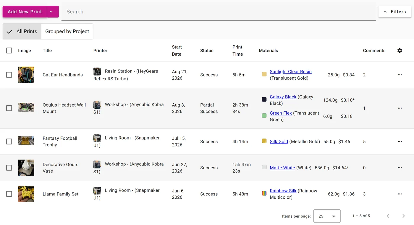 The print list in 3D Print Log, showing recent prints with photos, printers, durations and the materials each used
