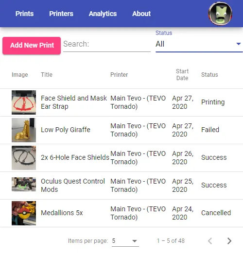 Print List with example prints and images
